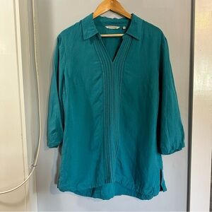 Soft Surroundings Linen Blend 3/4 Sleeve Button Down Blouse,  Size L, Teal Blue